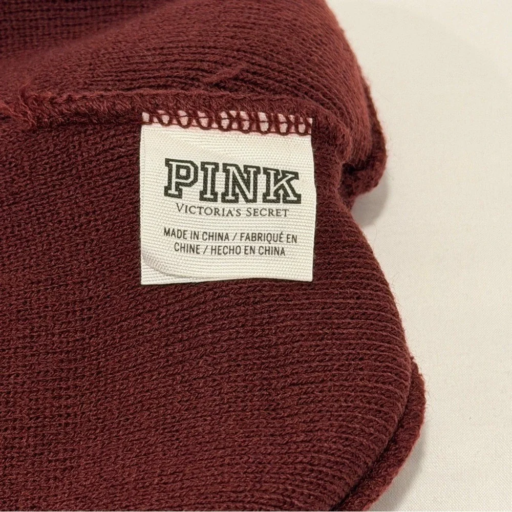 Victoria's Secret PINK Beanie Hat Burgundy Maroon White Logo Pom Pom Winter‎
